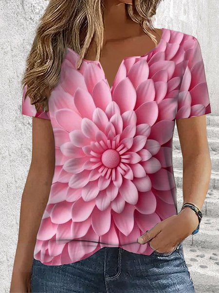 

Casual Floral Notched Short Sleeve T-shirt, Red, T-shirts