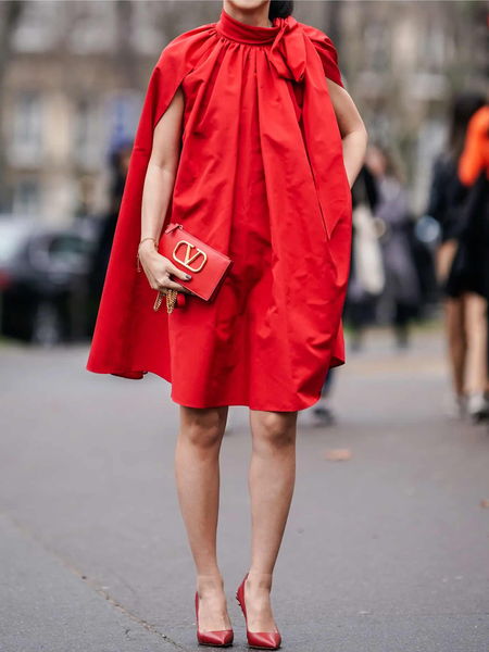 

Urban Loose Stand Collar Cap Sleeve Plain Short Dress, Red, Mini Dresses