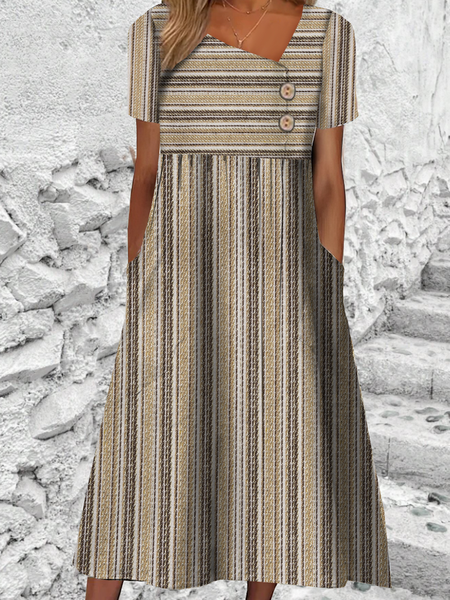 

Women Striped Asymmetrical Short Sleeve Comfy Casual Maxi Dress, Khaki, Dresses