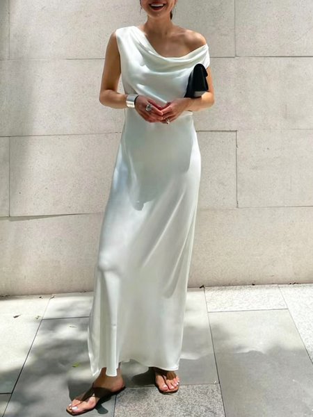 

Cold Shoulder Plain Regular Fit Urban Satin Dress, White, Maxi Dresses