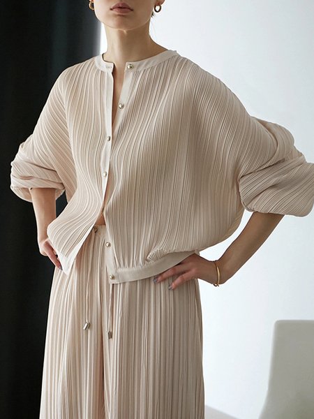 

Crew Neck Plain Pleated Urban Loose Blouse, Apricot, Blouses and Shirts
