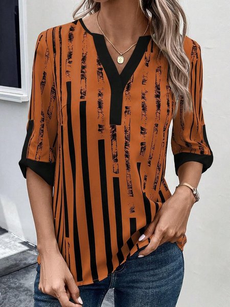 

V Neck Half Sleeve Abstract Stripes Regular Loose Shirt For Women, Orange, Blouses