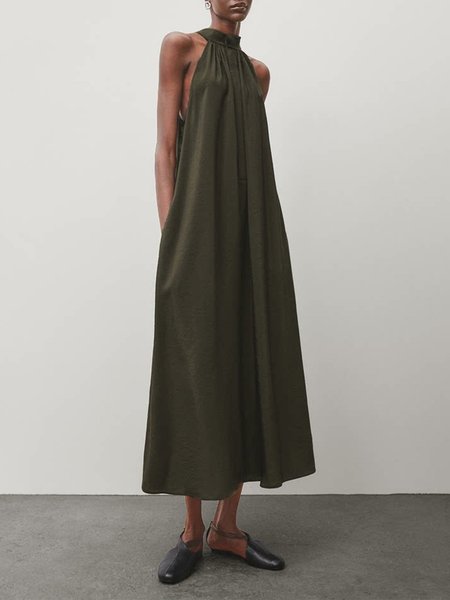 

Plain Halter Urban Loose Dress, Dark green, Midi Dresses