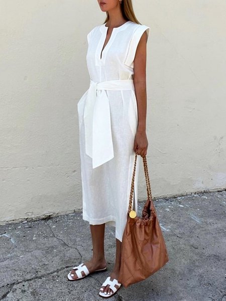 

V Neck Regular Fit Urban Plain Sleeveless Dress With Belt, White, Midi Dresses