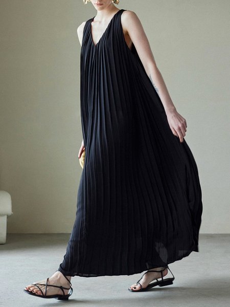 

Daily Pleated Elegant Plain Maxi Dress, Black, Maxi Dresses