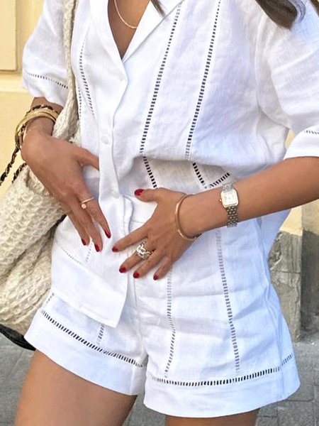 

Lace Edge Plain Casual Linen Regular Fit Shorts, White, Shorts