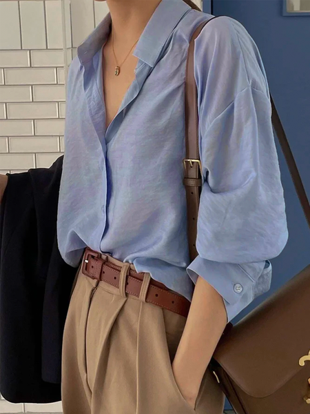 

Shirt Collar Plain Casual Cotton-Blend Linen Style Blouse, Light blue, Blouses & Shirts