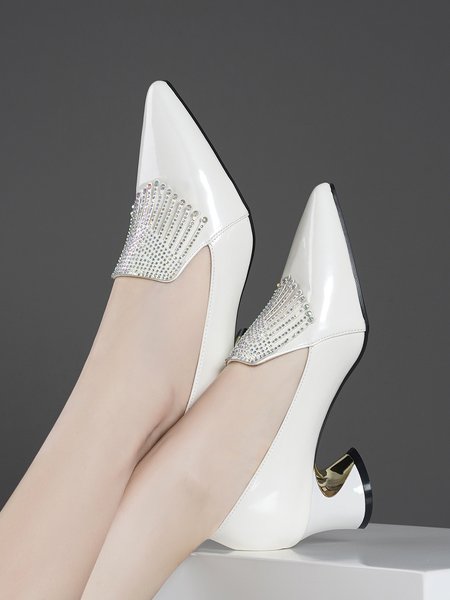 

Rhinestone Patent Leather Pumps Spool Heel Dress Shoes, White, Heels