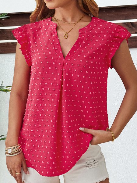 

V Neck Short Sleeve Plain Regular Regular Fit Shirt For Women, Rose red, Blouses