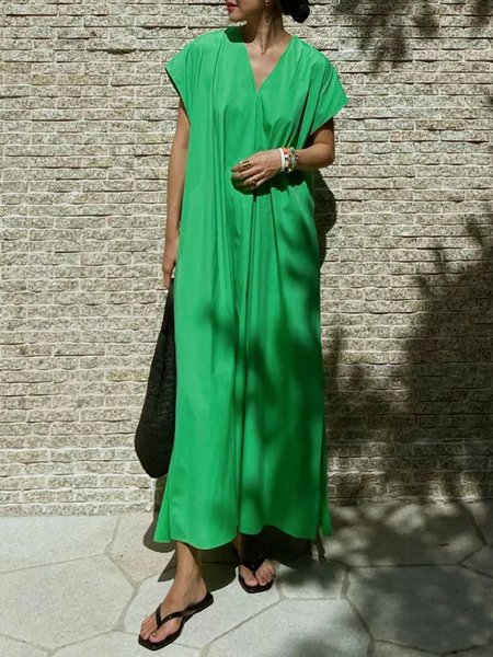 

V Neck Casual Loose Plain Dress, Green, Maxi Dresses