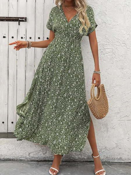 

Small Floral Regular Fit Vacation Dress, Green, Dresses