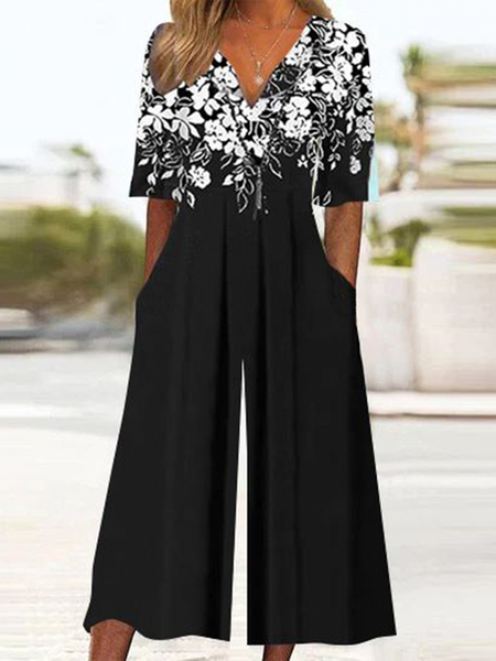 

Women's H-Line T-Shirt V Neck Daily Going Out Casual Pocket Stitching Floral Summer Ankle Pants Jumpsuit/Romper, Black, Jumpsuits＆Rompers