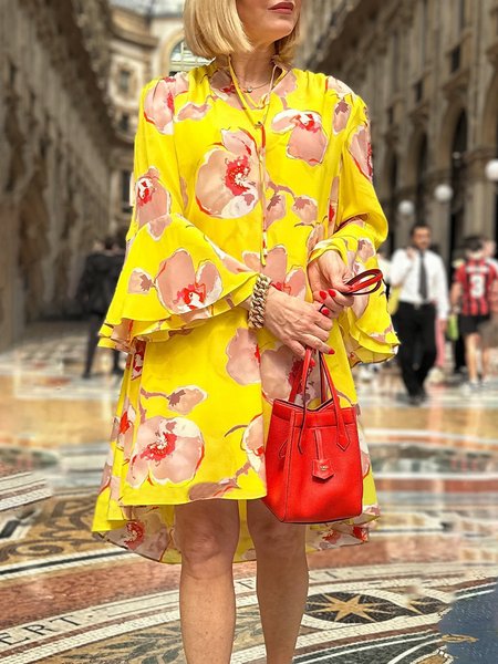 

Floral Flare Sleeve V Neck Loose Vacation Dress, Yellow, Midi Dresses