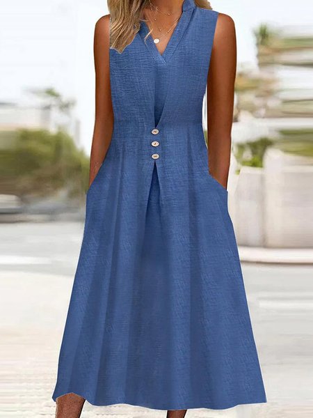 

Women Plain Notched Sleeveless Comfy Casual Maxi Dress, Blue, Dresses