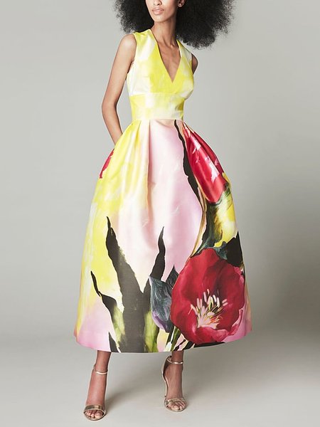 

Regular Fit Floral V Neck Elegant Sleeveless Midi Dress, As picture, Midi Dresses