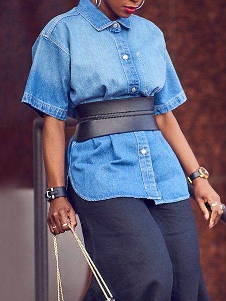 

Casual Short Sleeve Loosen Denim Blouse With No Belt, Denim blue, Blouses and Shirts