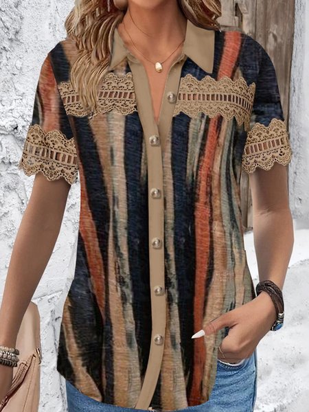

Shirt Collar Short Sleeve Abstract Stripes Lace Regular Loose Blouse For Women, Multicolor, Shirts