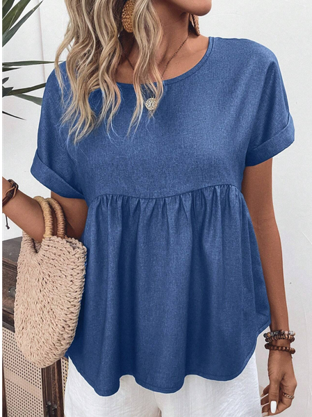 

Women's Short Sleeve Shirt Summer Blue Plain Cotton Crew Neck Daily Going Out Top, Shirts & Blouses