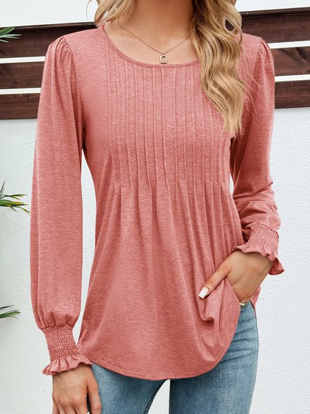 

Crew Neck Long Sleeve Plain Regular Regular Fit Shirt For Women, Pink, Blouses