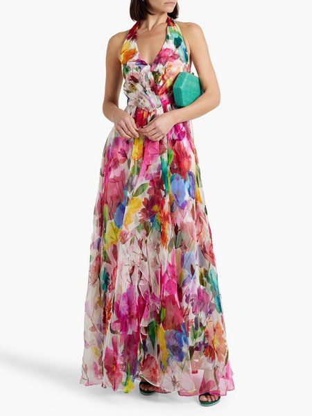 

Vacation Floral Regular Fit Halter Dress, As picture, Maxi Dresses