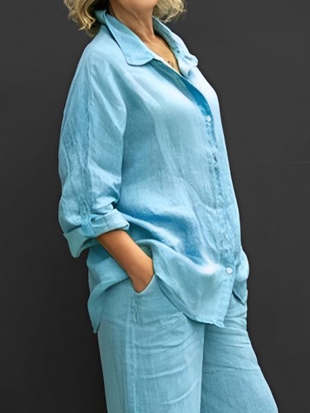 

Long Sleeve Shirt Collar Casual Plain Blouse, Blue, Blouses and Shirts