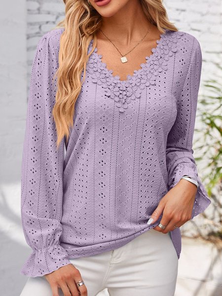 

V Neck Long Sleeve Plain Regular Regular Fit Shirt For Women, Purple, Blouses