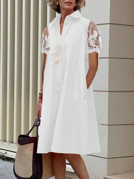 

Regular Fit Short Sleeve Shirt Collar Urban Dress, White, Midi Dresses