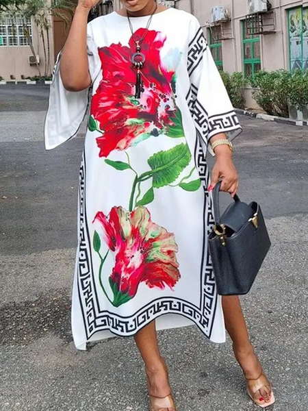 

Floral Loose Vacation Crew Neck Three Quarter Sleeve Maxi Dress, As picture, Maxi Dresses