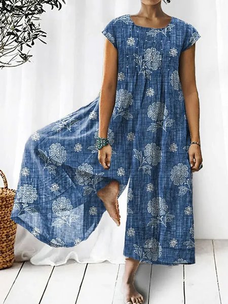 

Women Short Sleeve Crew Neck Loose Long Daily Vacation Floral Natural T-Shirt Jumpsuit, Blue, Jumpsuits&Rompers