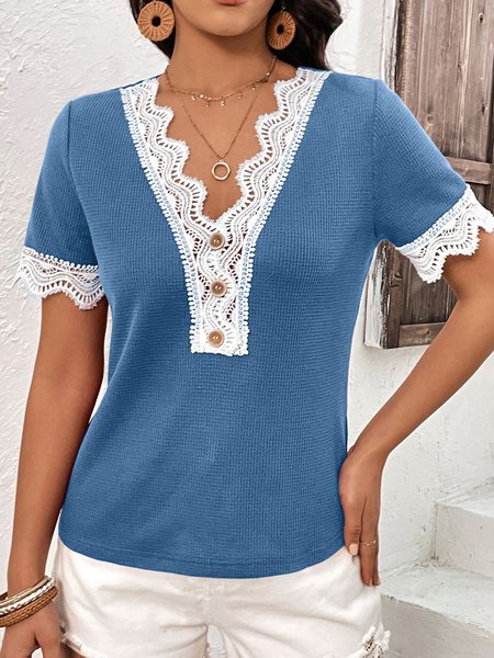 

V Neck Short Sleeve Plain Regular Regular Fit Shirt For Women, Blue, Blouses