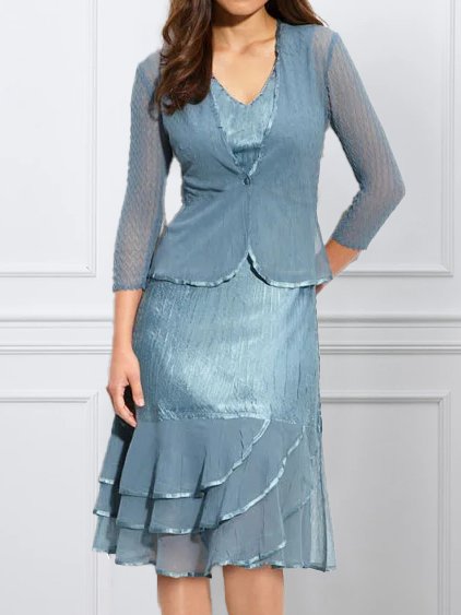 

Elegant Plain V Neck Loose Two-Piece Set, Blue, Suit Set