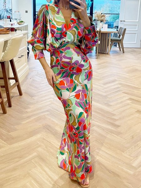 

Floral V Neck Elegant Regular Fit Dress, As picture, Maxi Dresses