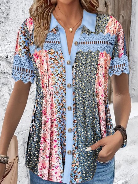 

Shirt Collar Short Sleeve Floral Lace Regular Loose Blouse For Women, Multicolor, Shirts