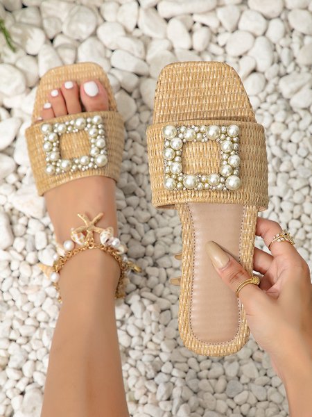 

Vacation Faux Pearl Embellished Weave Square Toe Slide Sandals, Apricot, Slippers