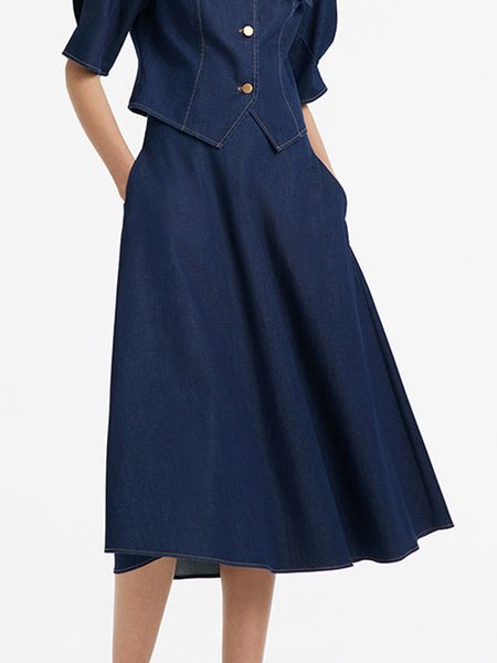 

Plain Denim Loose Casual A-Line Skirt, Blue, Denim Skirts