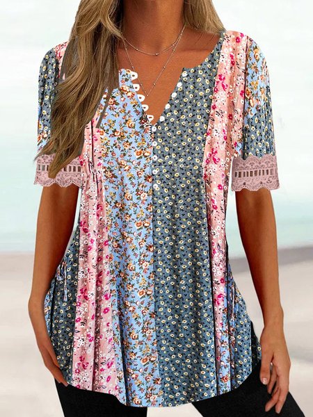 

V Neck Short Sleeve Contrast Stitching Lace Regular Loose Shirt For Women, Multicolor, Blouses