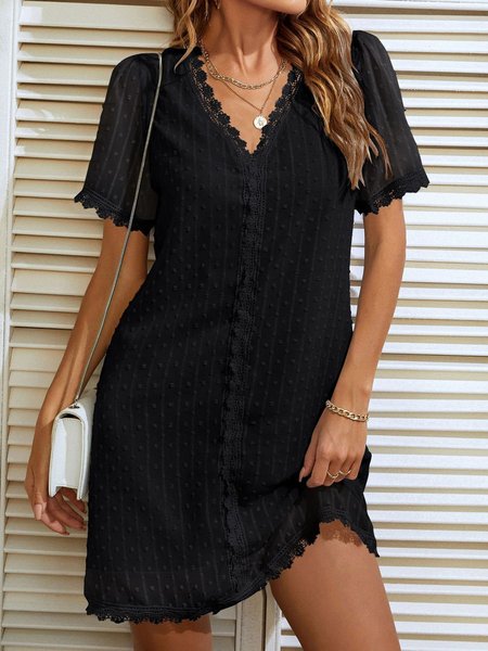 

Women Polka Dots V Neck Short Sleeve Comfy Casual Short Dress, Black, Dresses