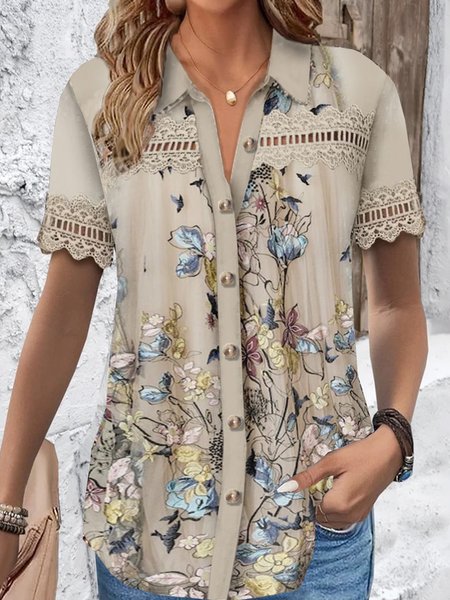 

Shirt Collar Short Sleeve Floral Regular Loose Blouse For Women, Khaki, Shirts