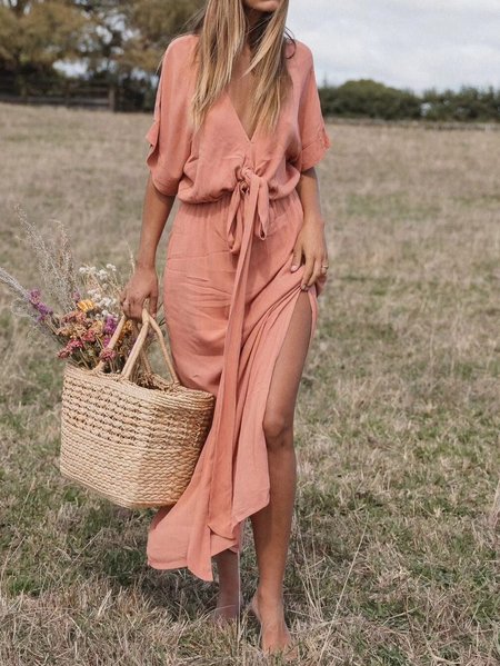 

Women's Short Sleeve Summer Plain Knot Front Dress V Neck Daily Going Out Boho Maxi H-Line, Pink, Dresses