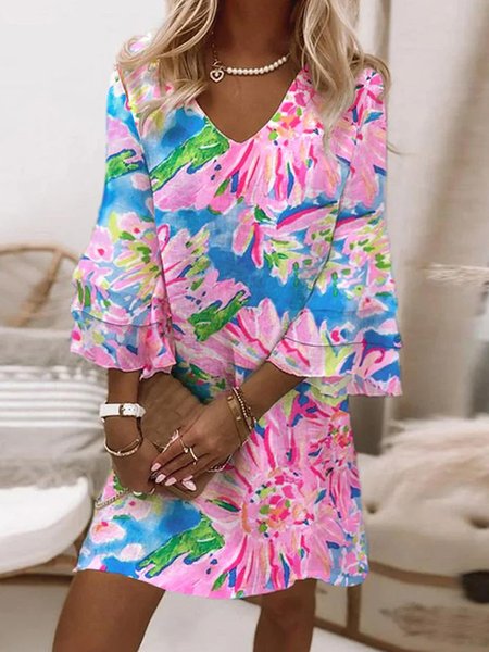 

Women Floral V Neck Three Quarter Sleeve Comfy Casual Short Dress, Multicolor, Dresses