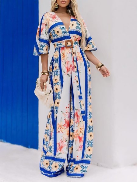 

Floral V Neck Vacation Loose Jumpsuit, Blue, Jumpsuits