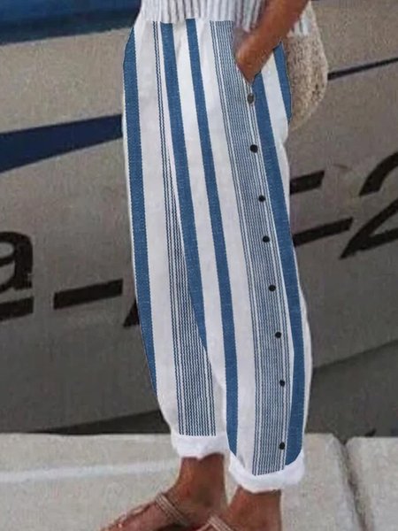 Casual Striped Long Pant, Blue, Pants