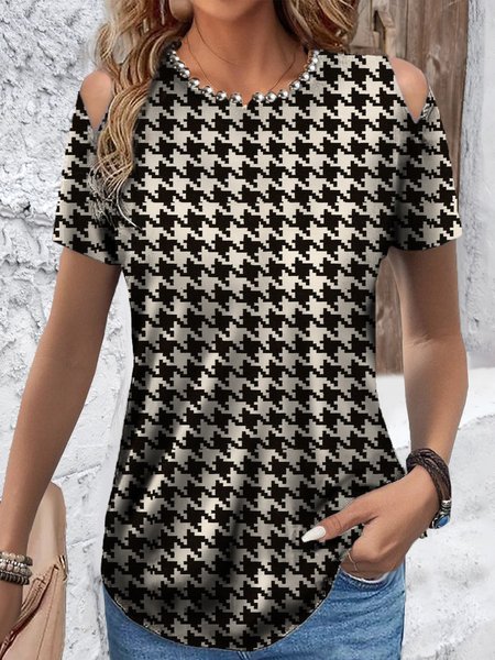 

Casual Geometric Shirt Collar Short Sleeve T-shirt, Black-white, Blouses