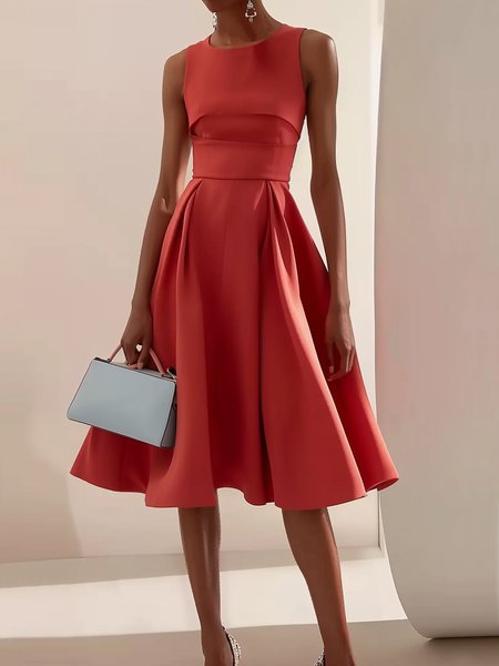 

Women's Sleeveless Summer Plain Ruched Dress Crew Neck Date Going Out Urban Midi X-Line, Red, Dresses