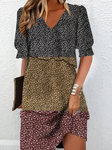 

Women Floral V Neck Short Sleeve Comfy Casual Knee Length Dress, Multicolor, Dresses