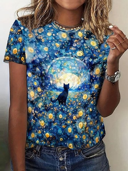 

Crew Neck Casual Floral T-Shirt, Blue, T-shirts