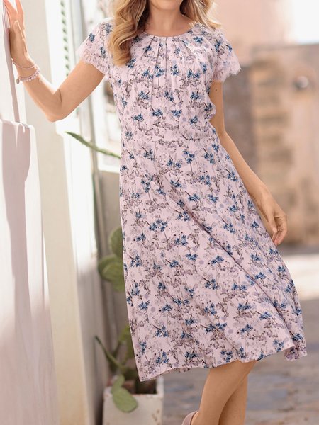 

Floral Crew Neck Elegant Loose Dress, Pink, Dresses