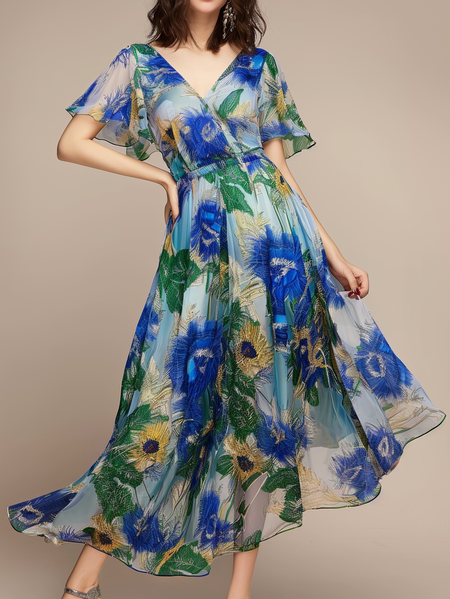 

Floral V Neck Elegant Loose Dress, Blue, Dresses