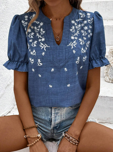 

Simple Loose Plain Embroidery Shirt, Blue, Shirts & Blouses