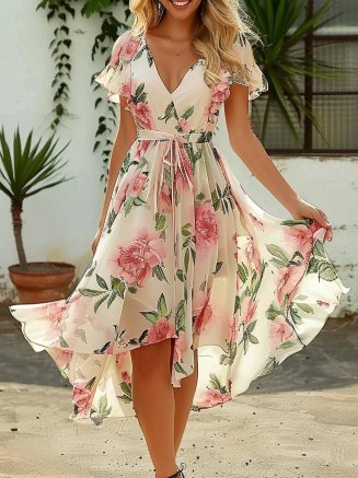 

Floral Vacation Regular Fit Chiffon Dress With Belt, Pink, Dresses